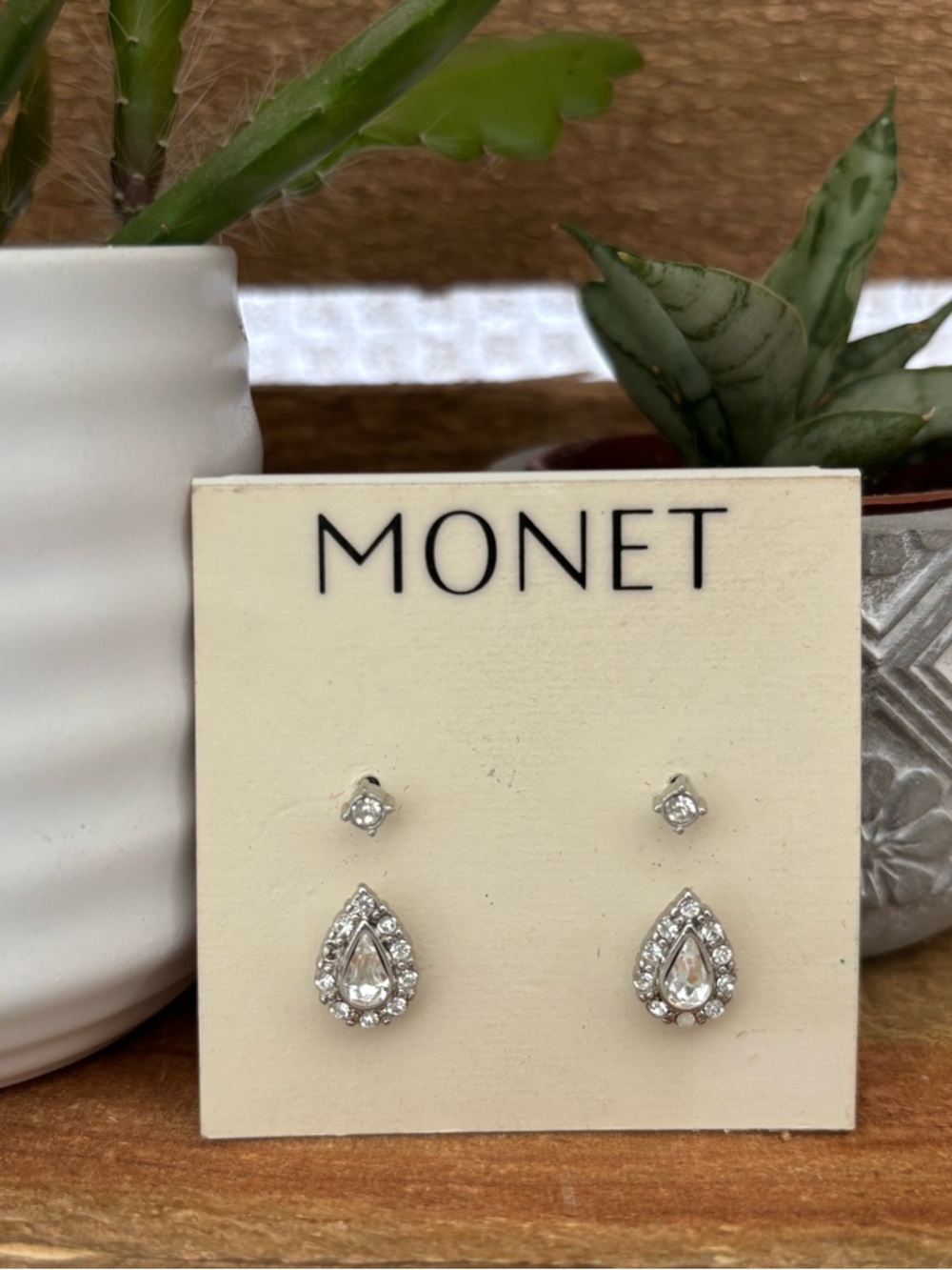 Monet Silver Clear Teardrop and Stud Earring Set